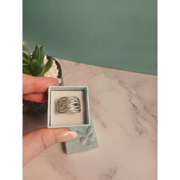 Rhodium-Plated Cubic Zirconia Criss-Cross Wide Band Cocktail Ring - Picture 4 of 11